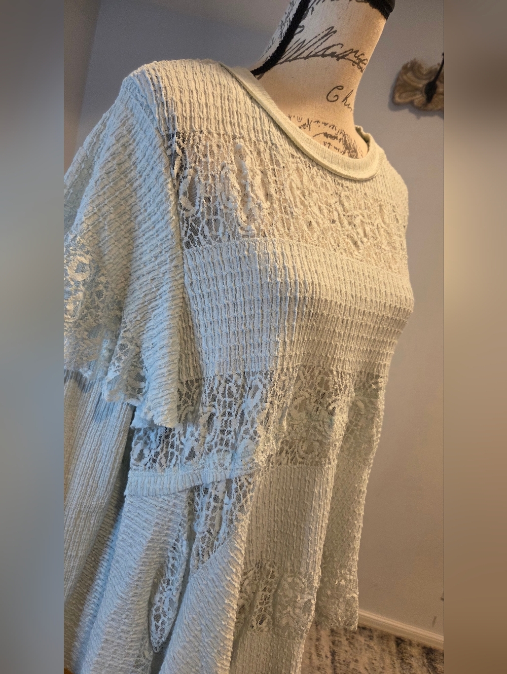 Free People Lace Stripe Knit Peplum    Top - Light Mint Size M. - Picture 12 of 16